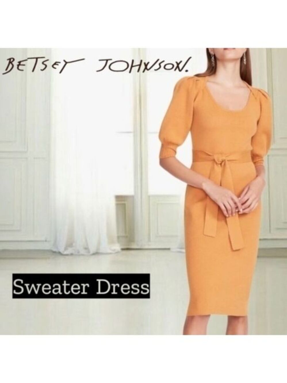 BETSEY JOHNSON NWT Belted 3/4-Puff Sleeve Lightweight Sweater Dress/Lg